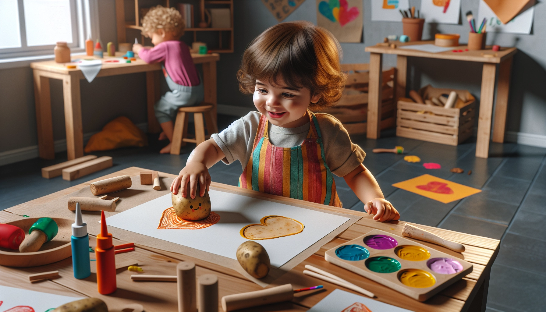 Enfant de 2-3 ans réalisant des projets bricolage en toute sécurité avec tampons en légumes et peinture non toxique — projets bricolage enfants 2 3 ans sécurité
