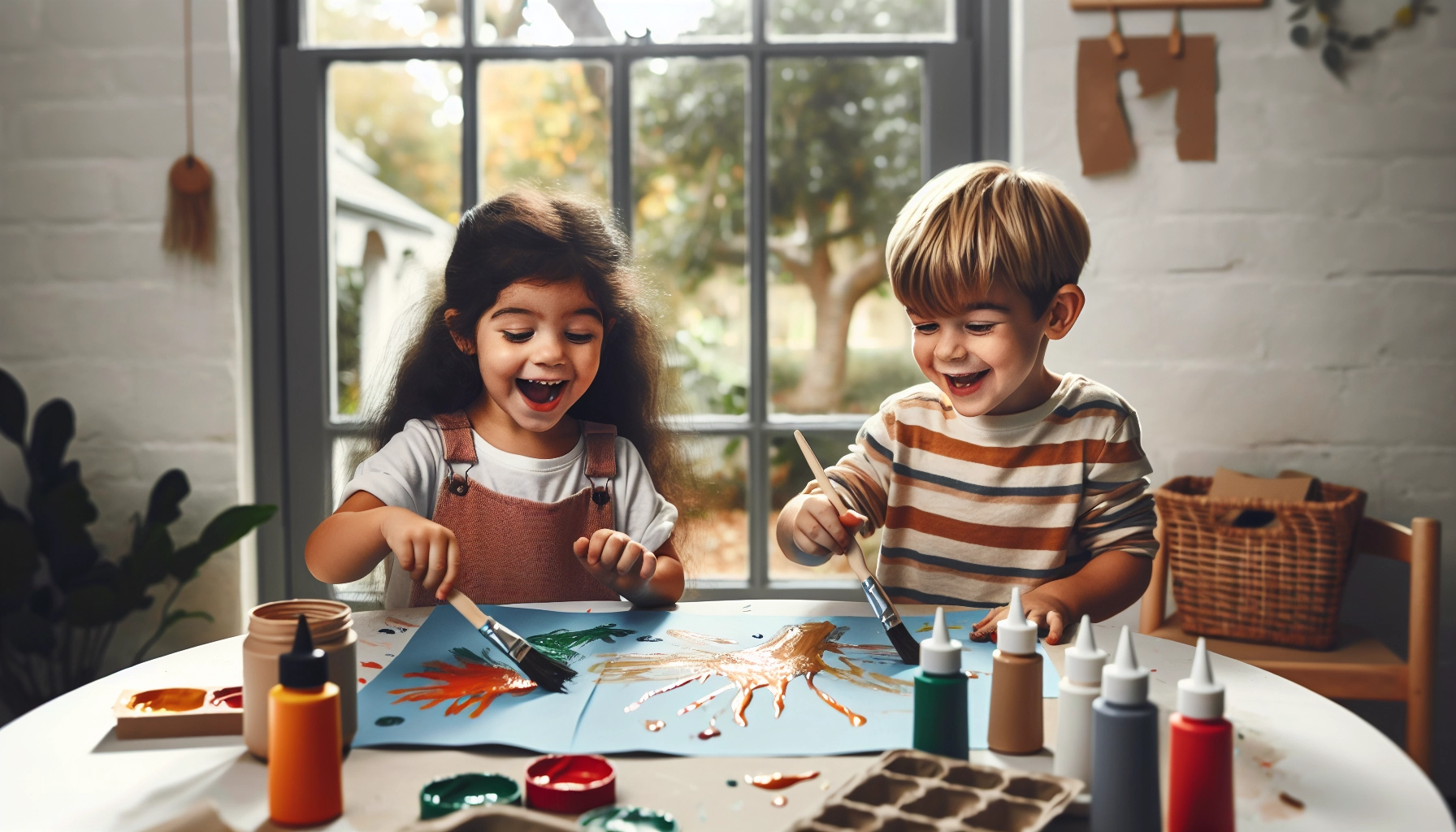 Enfant de 2-3 ans en train de réaliser un projet bricolage sécurisé avec peinture lavable et carton