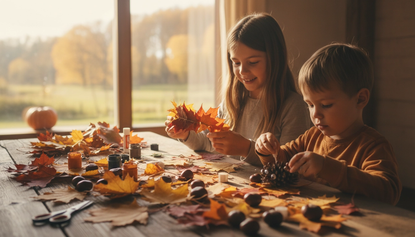 Deux enfants réalisant des projets bricolage enfants automne faciles avec des feuilles et des pommes de pin