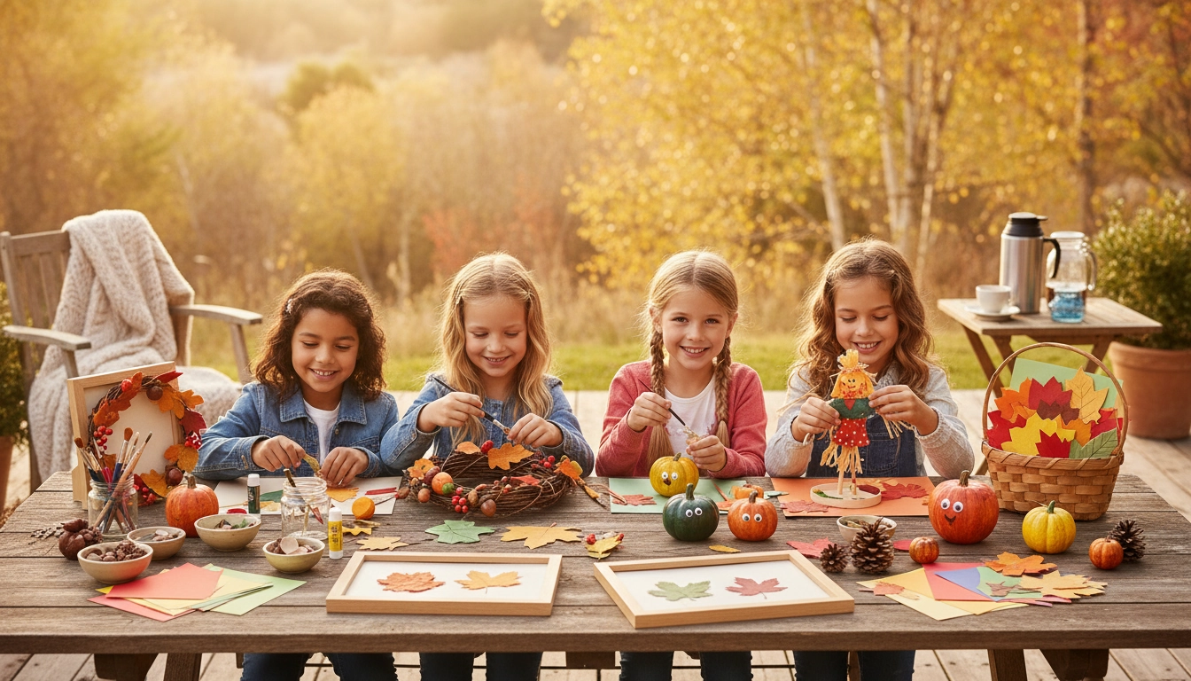 Enfants réalisant des projets bricolage automne avec des feuilles et des pommes de pin