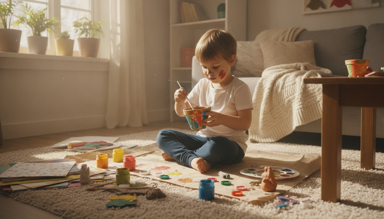Un enfant concentré sur ses projets bricolage enfants cadeaux faits main dans un salon lumineux