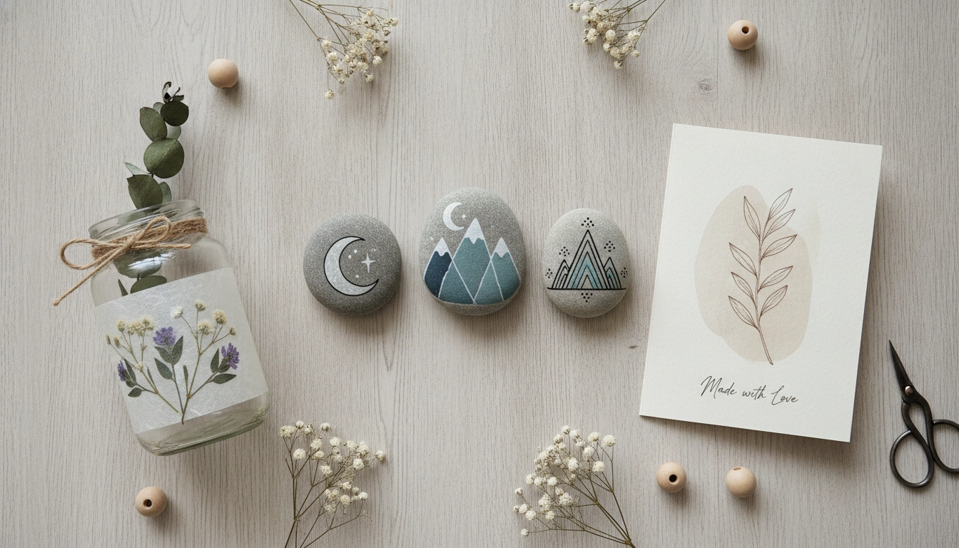Exemples de cadeaux faits main par des enfants sur une table en bois