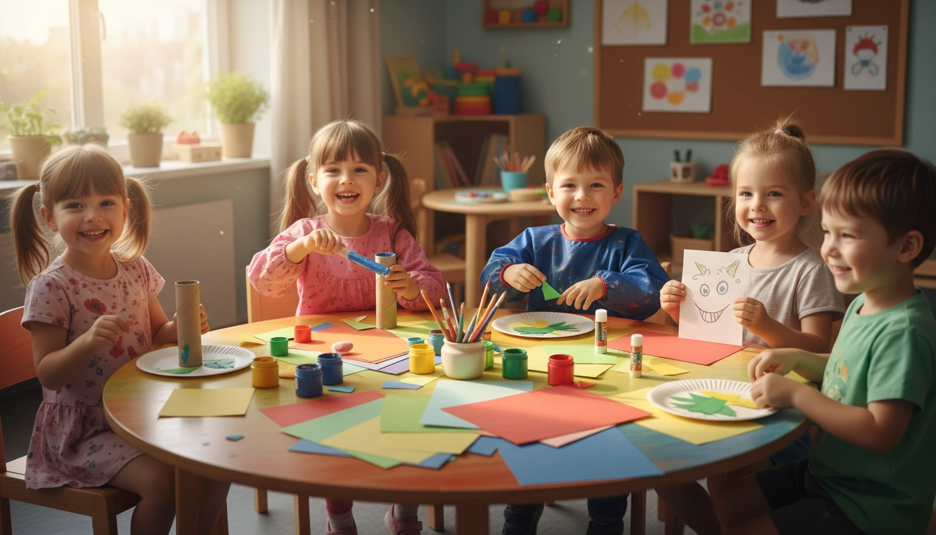 Enfants souriants autour d'une table réalisant des projets bricolage enfants avec peinture et carton coloré