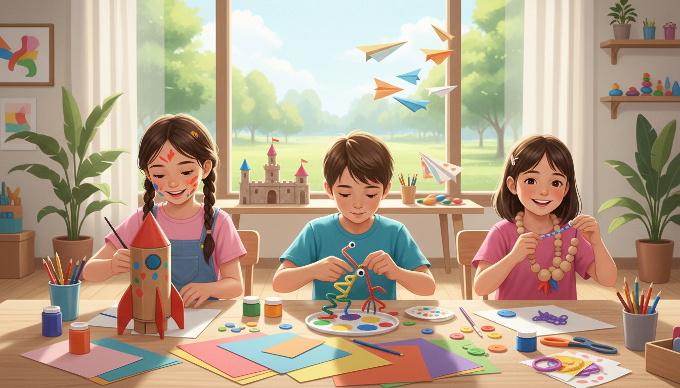 Enfants réalisant des projets bricolage créatifs avec de la peinture colorée et du matériel recyclé