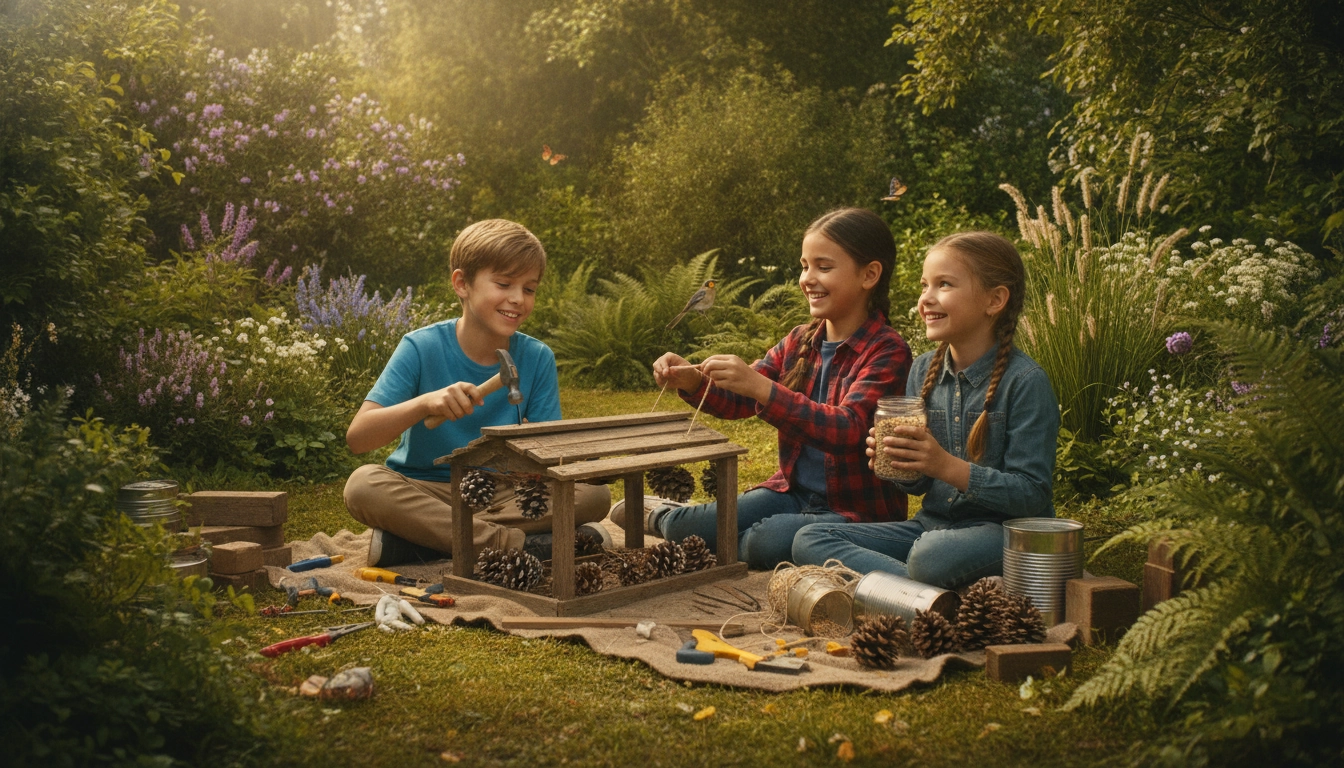 Enfants concentrés sur leurs projets bricolage enfants jardin nature pour aider les oiseaux