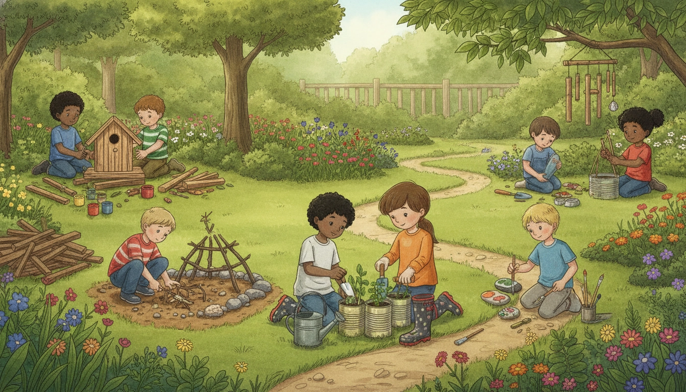 Enfants réalisant des projets bricolage enfants jardin nature avec des matériaux naturels