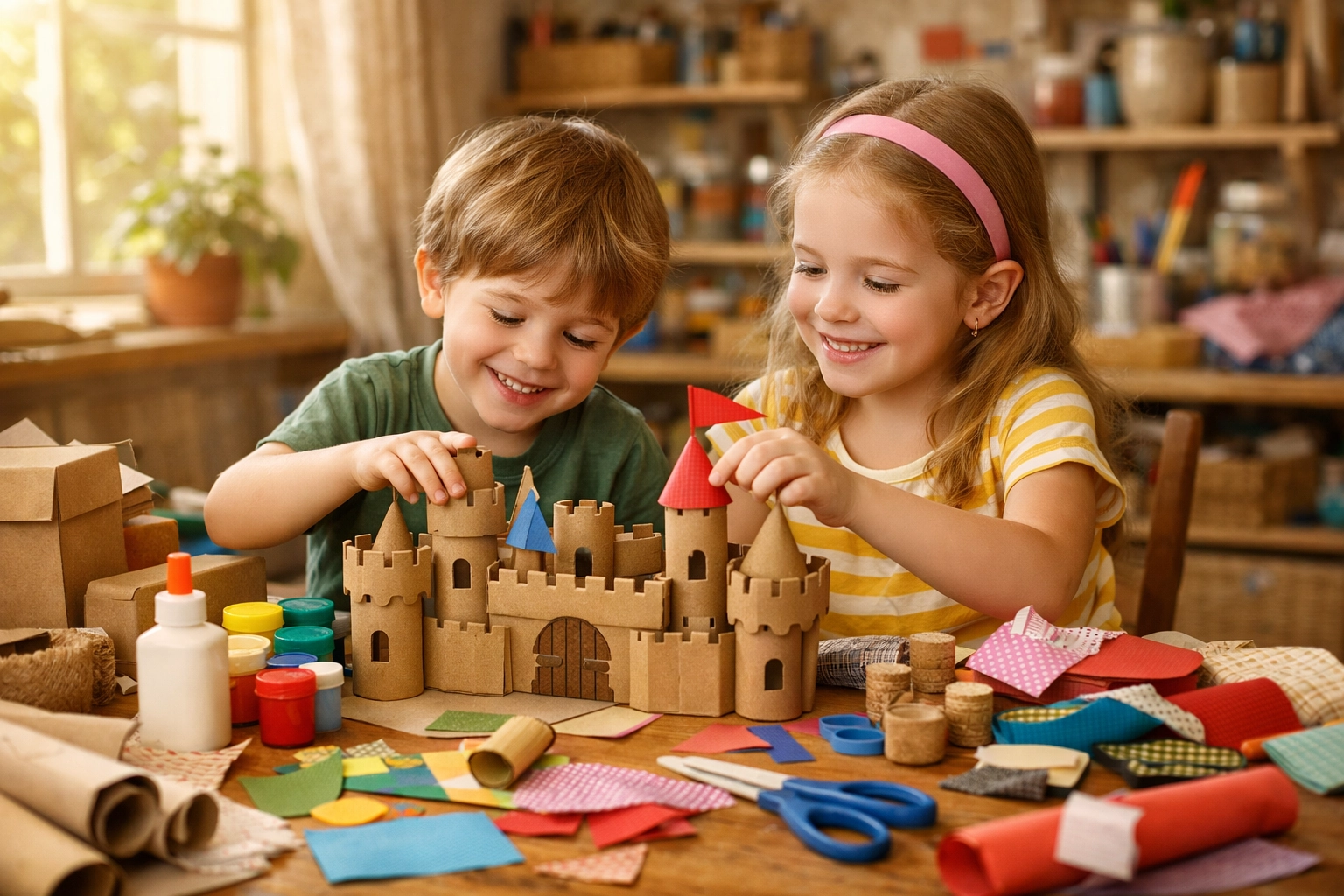Deux enfants heureux réalisant des projets bricolage enfants jeux imaginatifs en construisant un château en carton coloré ensemble