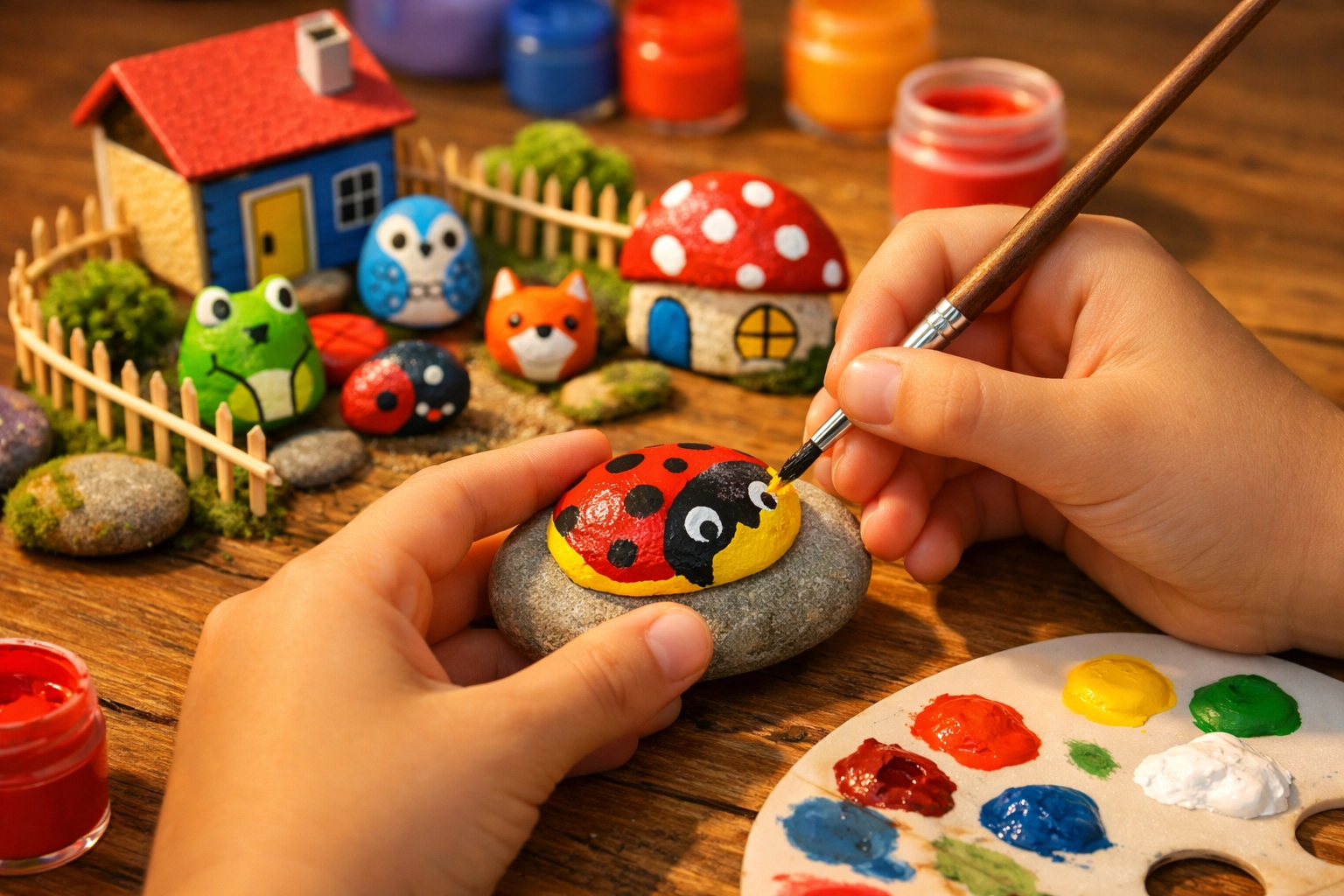 Mains d'un enfant peignant des galets pour créer des personnages dans un projet bricolage créatif et imaginatif