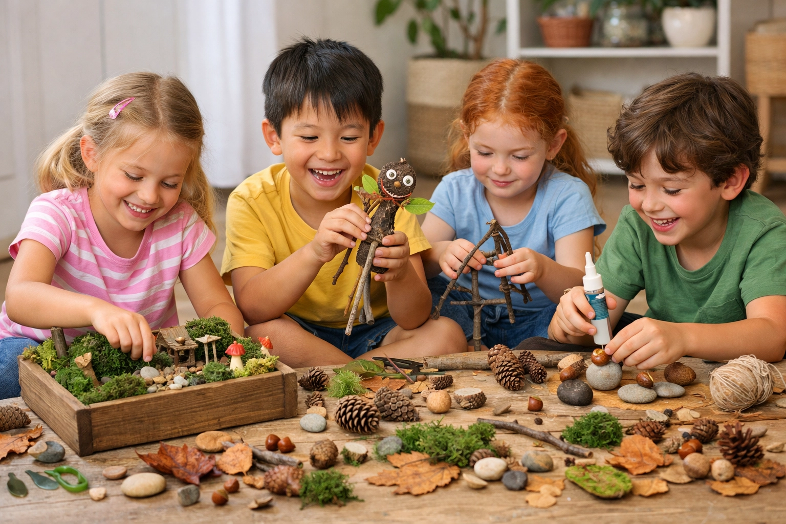 Groupe d'enfants créant des projets de bricolage avec des matériaux naturels pour stimuler leurs jeux imaginatifs
