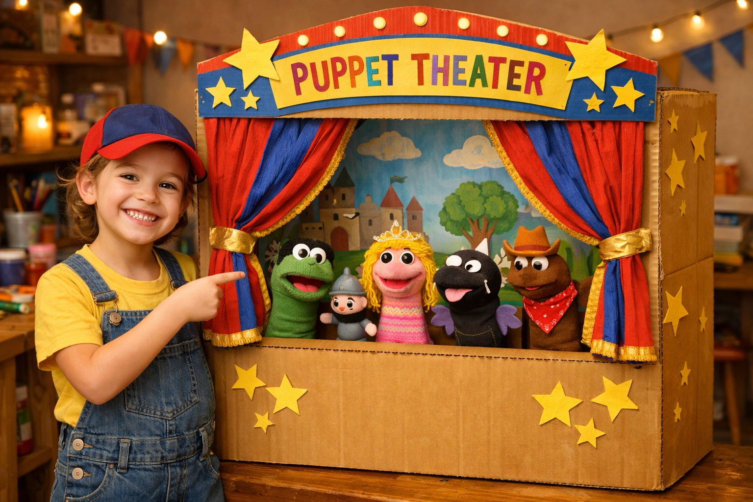 Enfant fier devant son théâtre de marionnettes fait main, fruit d'un projet de bricolage stimulant l'imagination