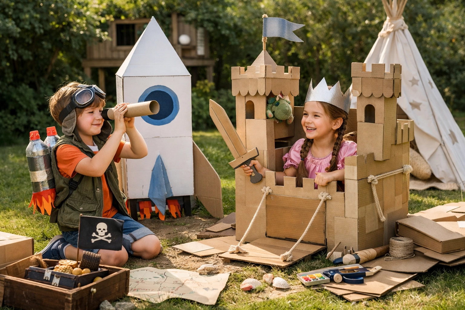 Enfants souriants réalisant des projets bricolage enfants jeux imaginatifs avec du carton et de la peinture colorée