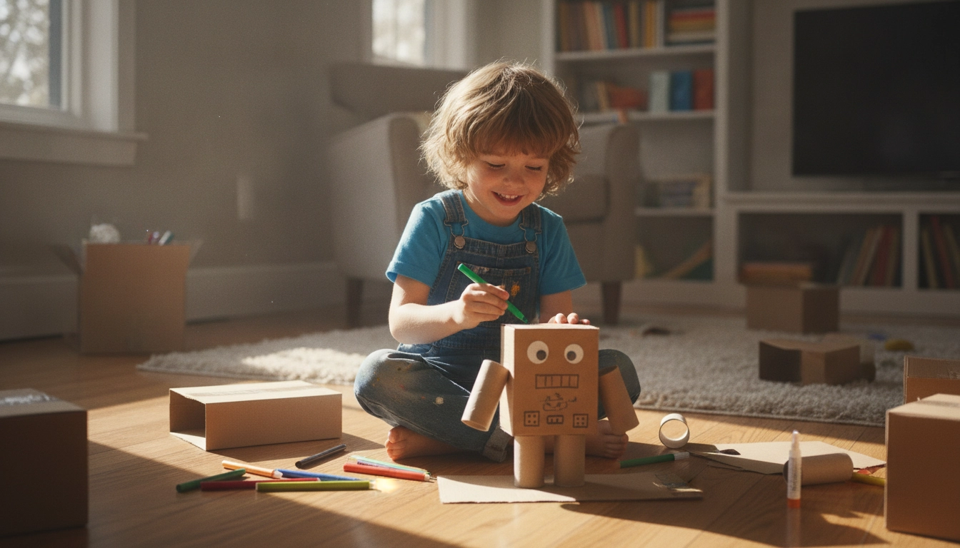 Un enfant joyeux réalisant des projets bricolage enfants materiel gratuit avec du carton