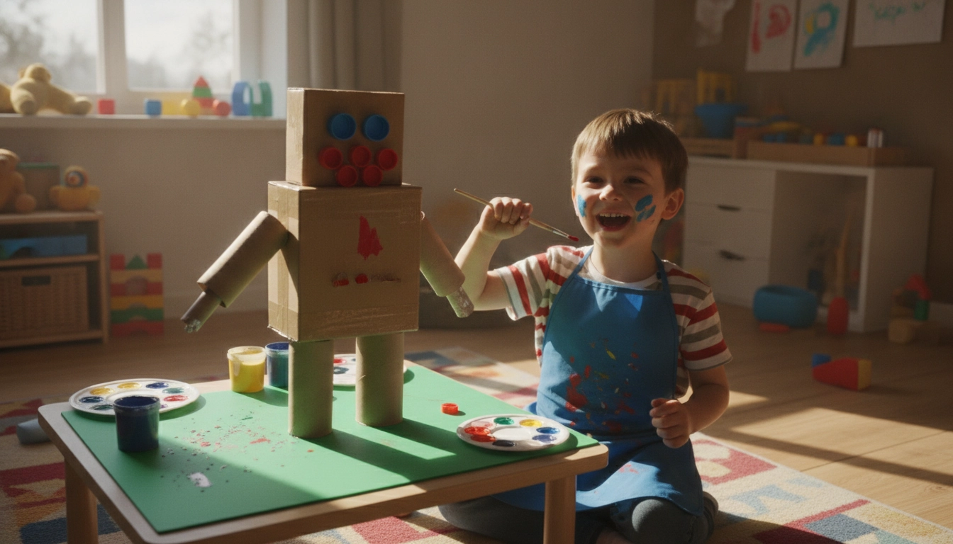 Un enfant assemblant des projets bricolage enfants matériel recyclé dans une salle de jeux lumineuse