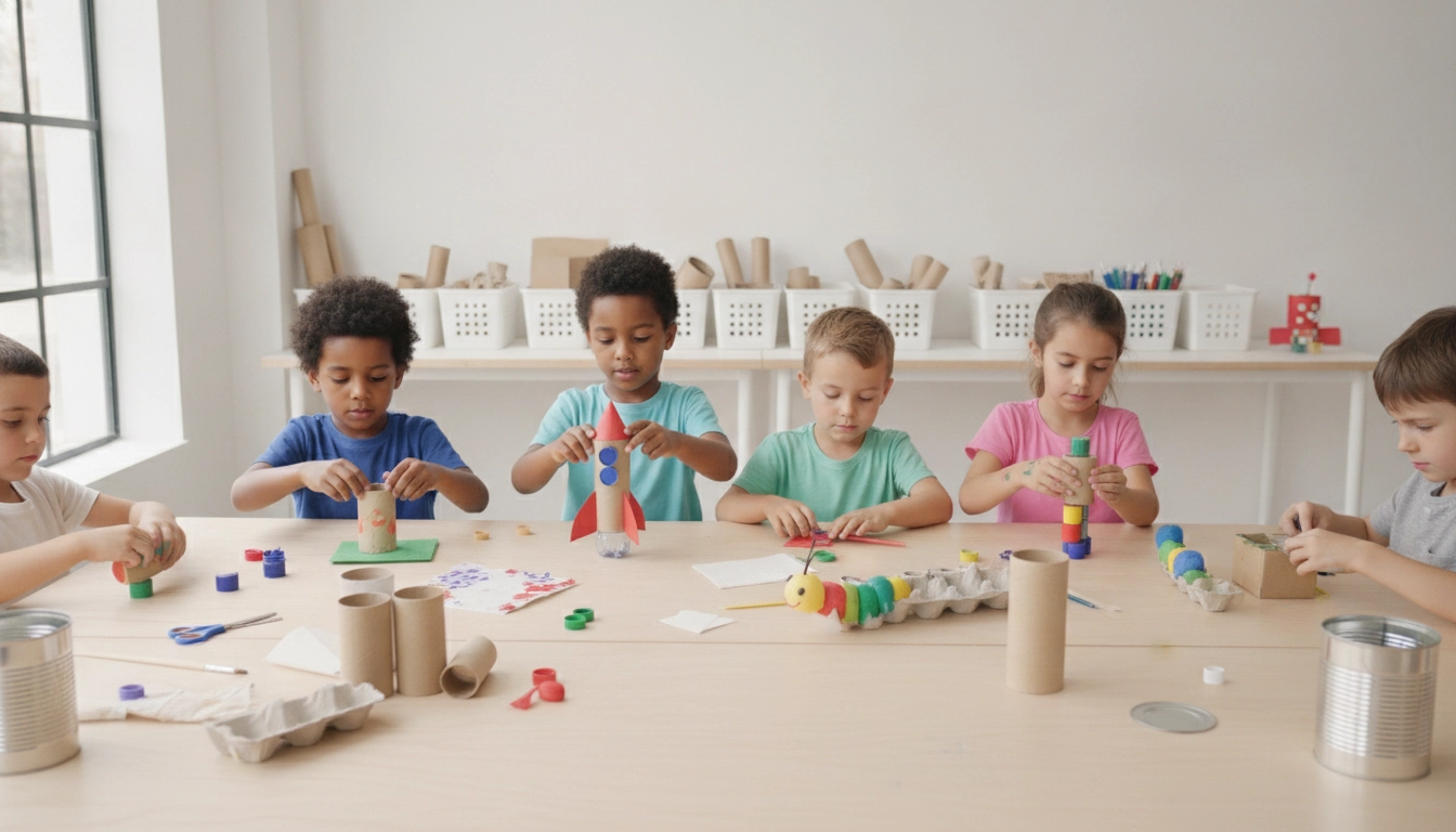 Enfant réalisant des projets bricolage enfants matériel recyclé avec du carton