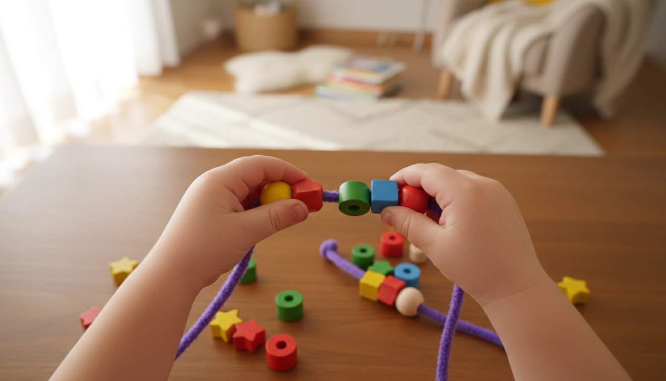 Gros plan sur des mains d'enfant réalisant des projets bricolage enfants developper motricité fine avec des perles en bois colorées.