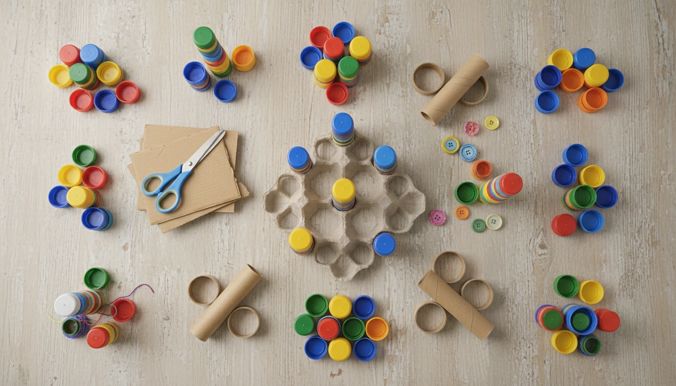 Matériaux de récupération disposés sur une table pour des activités créatives et manuelles en famille.