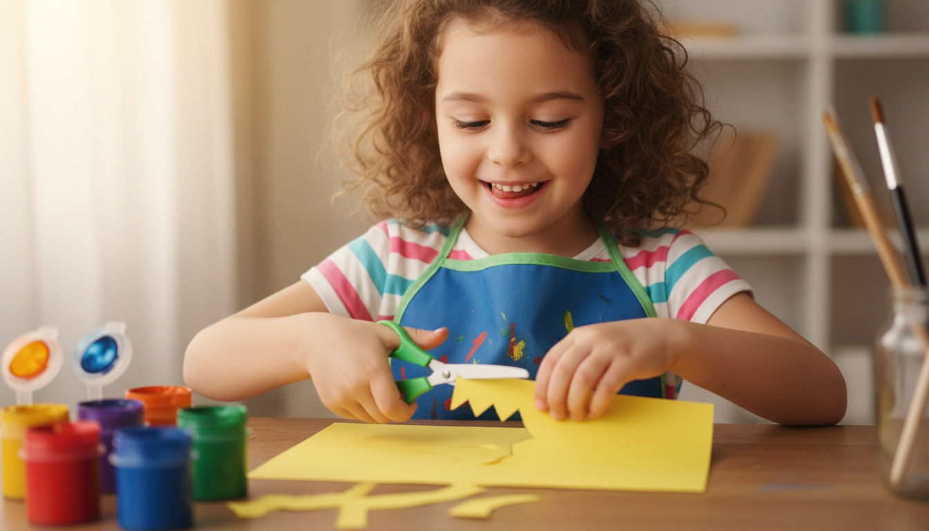 Petite fille très concentrée découpant du papier coloré avec des ciseaux adaptés à ses mains.