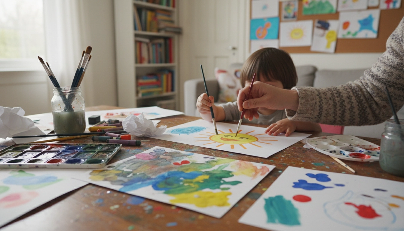 Parent aidant doucement son enfant à peindre lors d'un atelier créatif à la maison, illustrant l'accompagnement bienveillant.