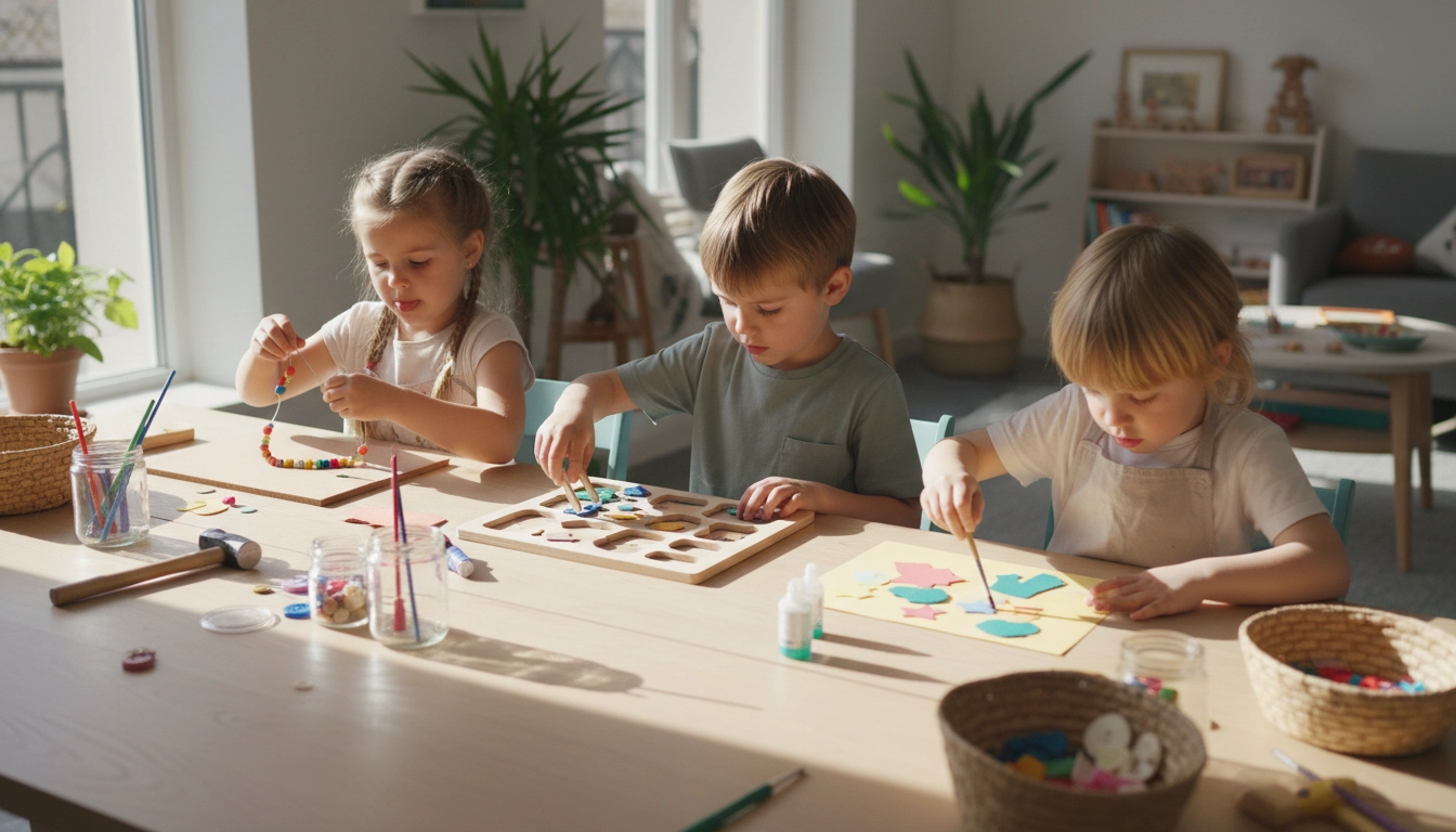 Enfant concentré sur des projets bricolage enfants developper motricité fine avec de la peinture et des pinceaux.