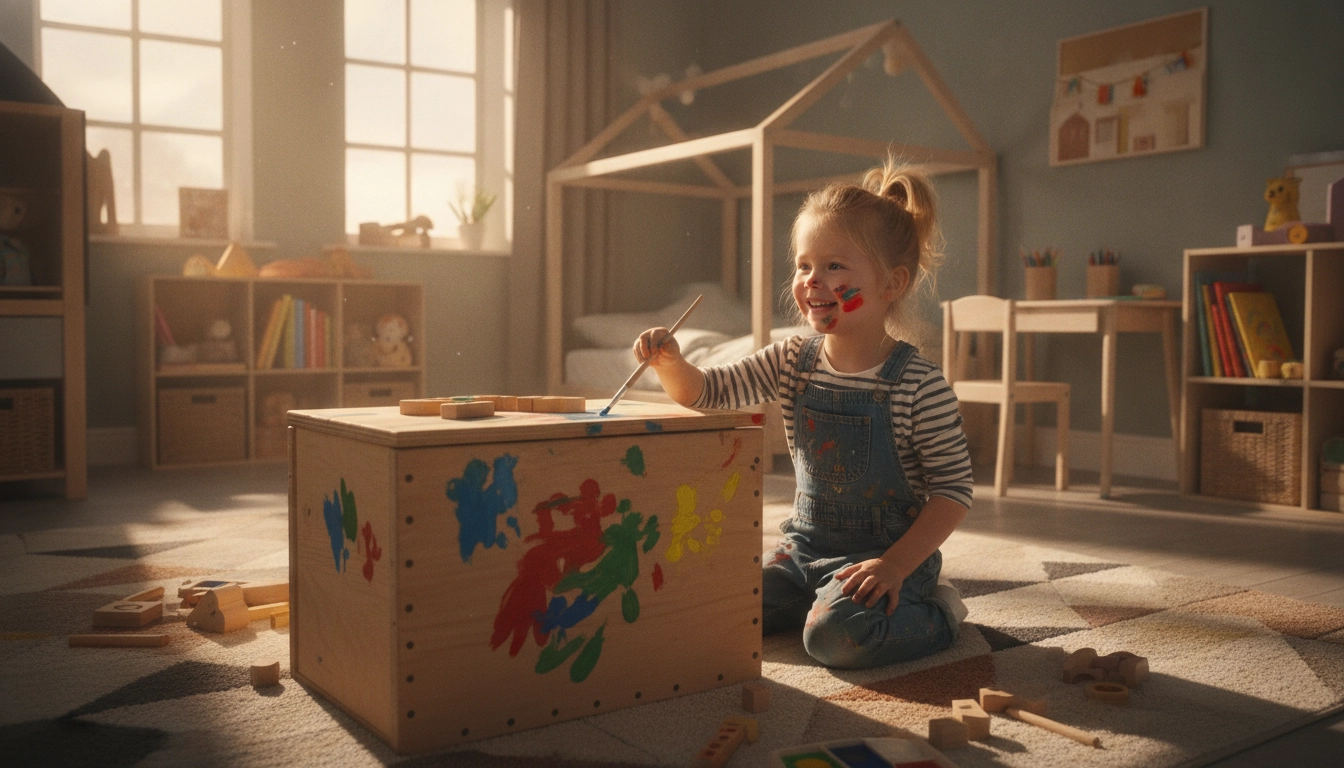 Un enfant participe à des projets bricolage enfants rangement chambre en personnalisant son coffre à jouets.