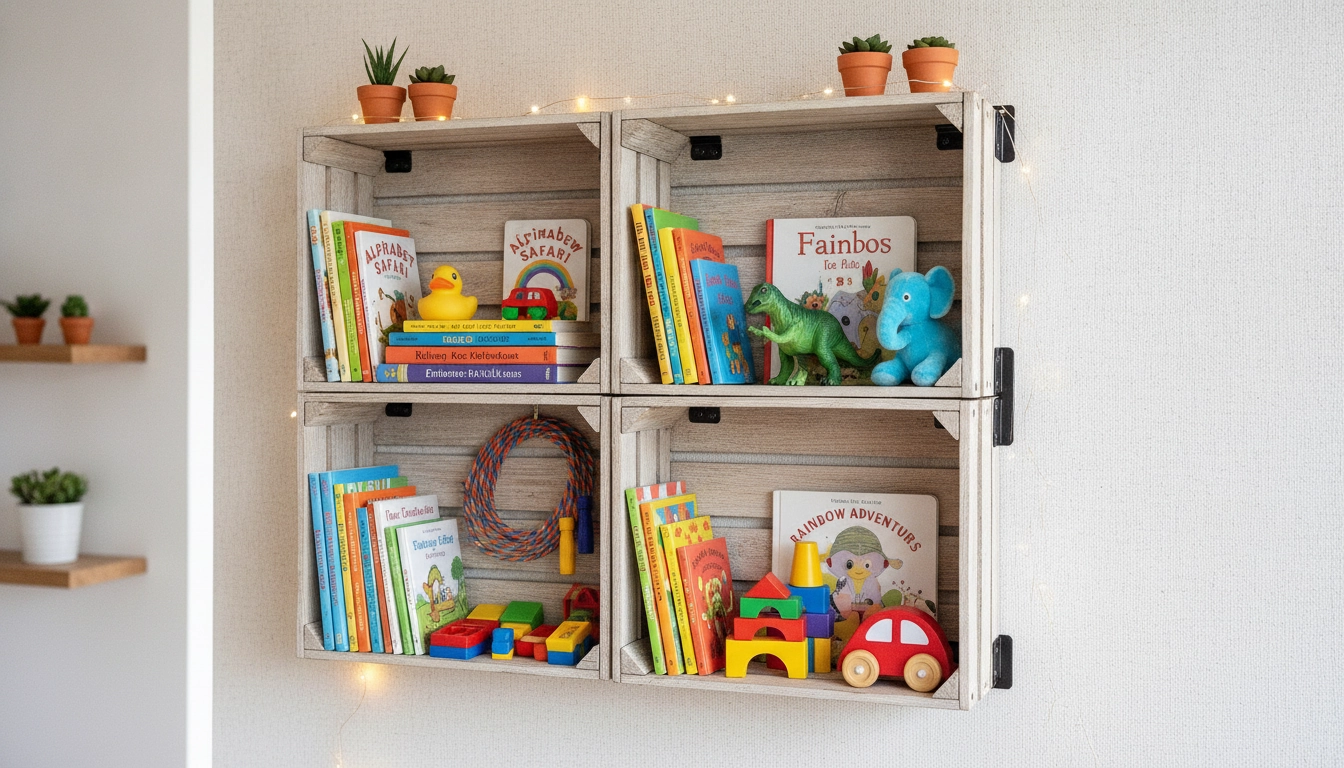 Étagères murales créées lors de projets bricolage enfants rangement chambre pour optimiser l'espace.