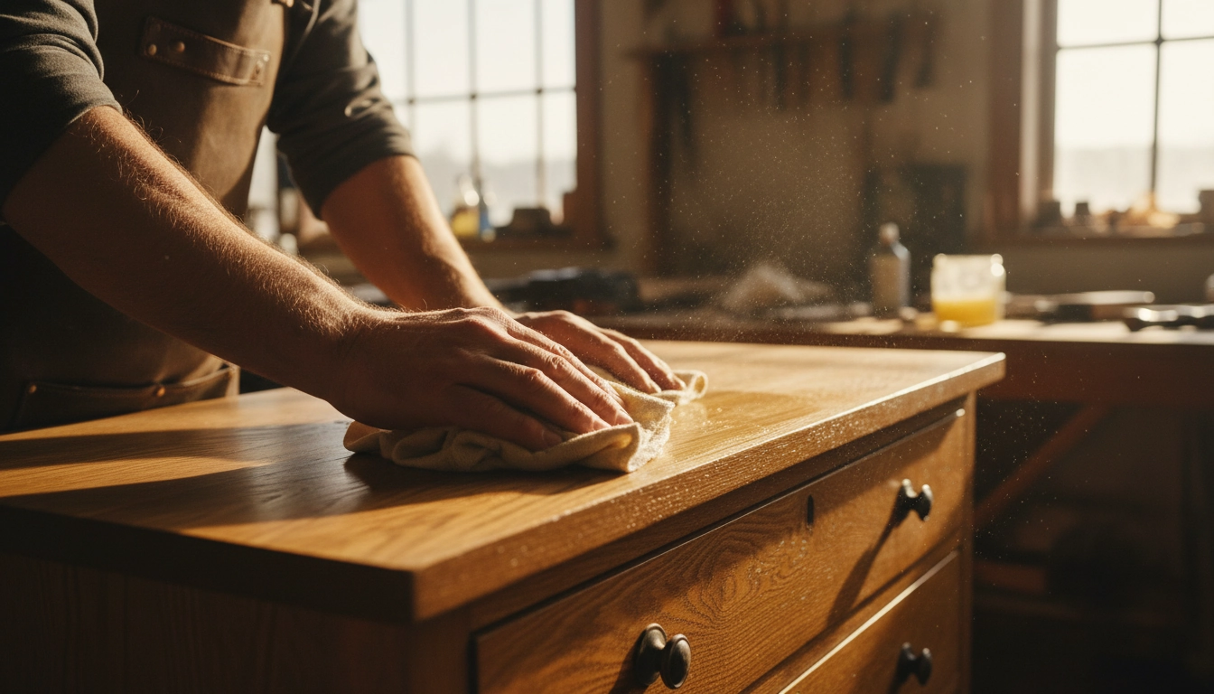Application minutieuse de cire d'abeille pour protéger meuble ancien restauré entretien indispensable.