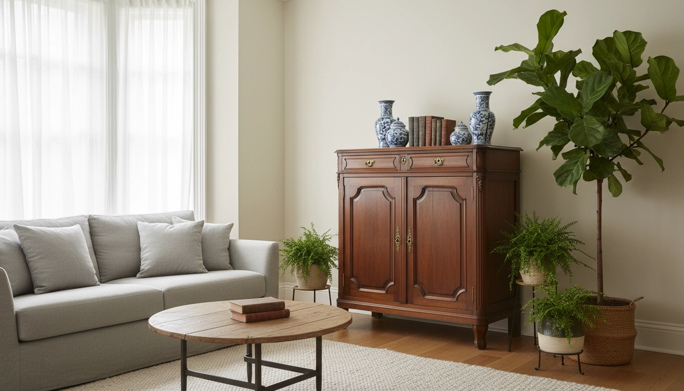 Meuble vintage en bois soigneusement placé loin de la fenêtre et des radiateurs pour éviter sa décoloration.