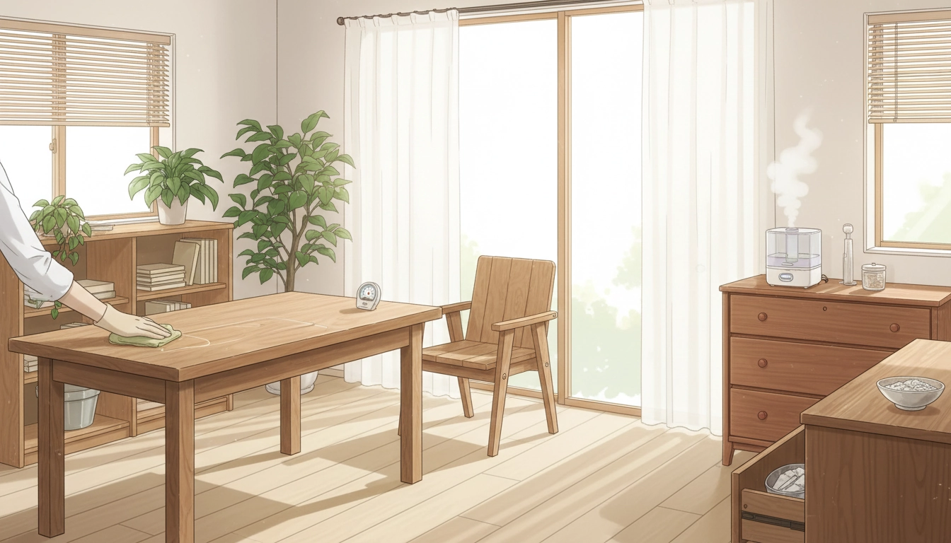 Meuble en bois clair placé loin d'une fenêtre ensoleillée pour éviter les dommages du soleil et de l'humidité