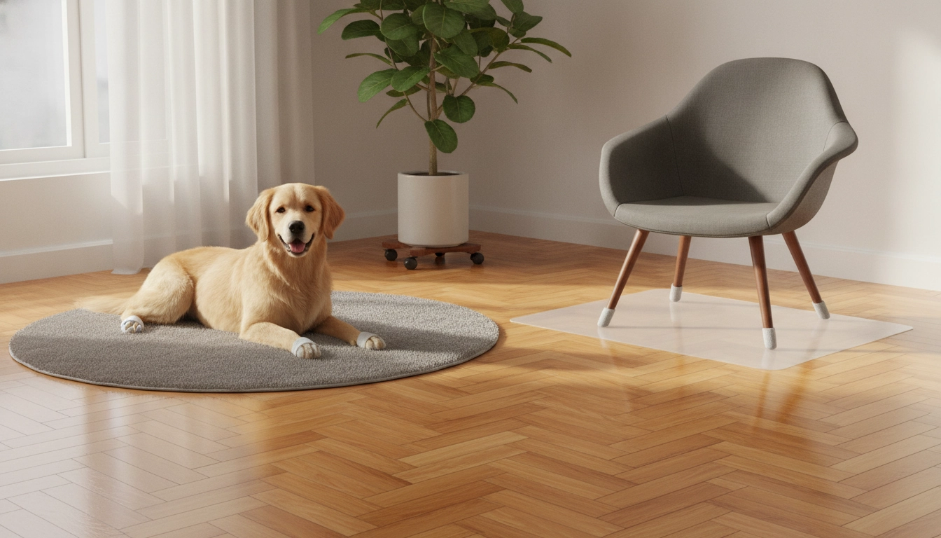 Un intérieur moderne avec un parquet en bois protégé pour éviter les rayures animaux meubles