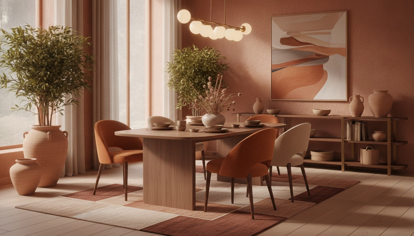 Salle à manger avec des accents terracotta pour dynamiser l'humeur.