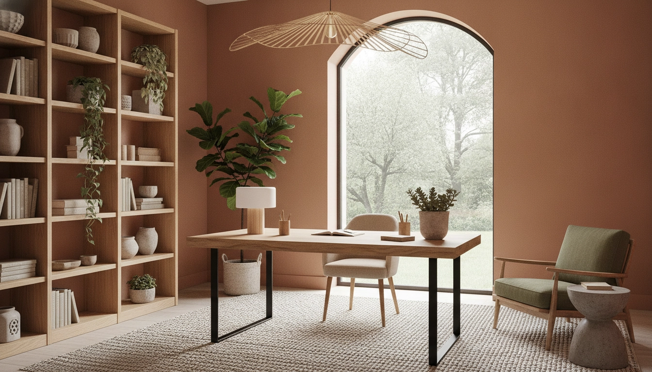 Bureau moderne utilisant des tons terreux pour favoriser la concentration.
