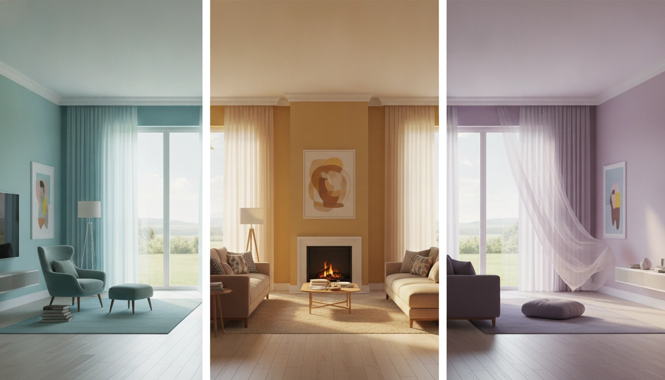 Exemple de salon moderne illustrant la psychologie des couleurs intérieur impact humeur avec des tons apaisants