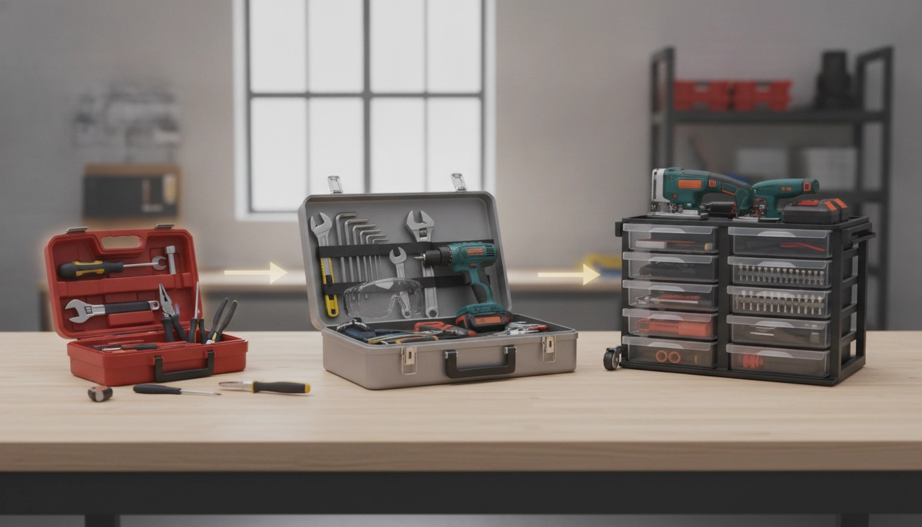 Un artisan choisissant des outils de qualité pour améliorer son kit quand améliorer kit outils bricolage débutant devient nécessaire.