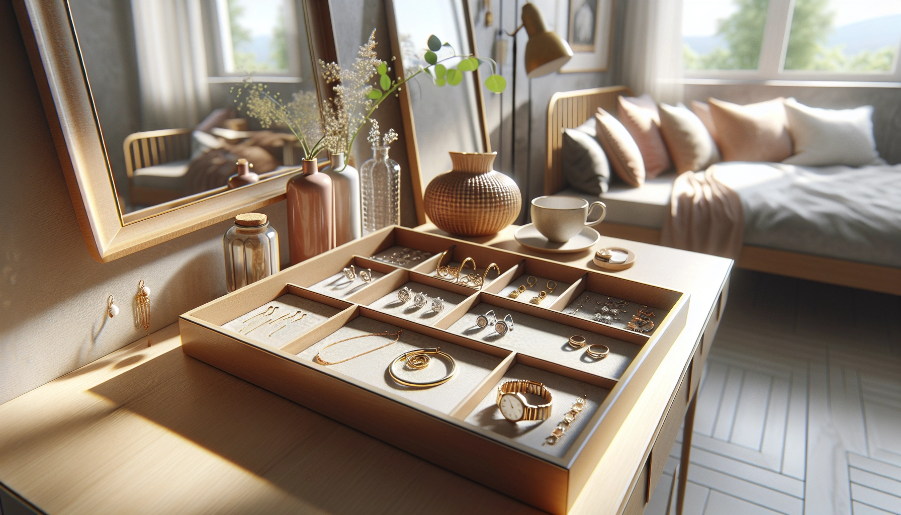 Plateau de rangement bijoux accessoires chambre organisé avec compartiments sur une coiffeuse en bois