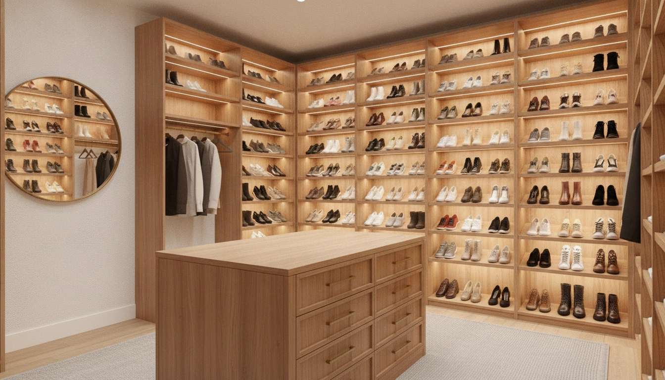 Un dressing élégant mettant en avant des rangement chaussures dressing solutions efficaces et modernes.