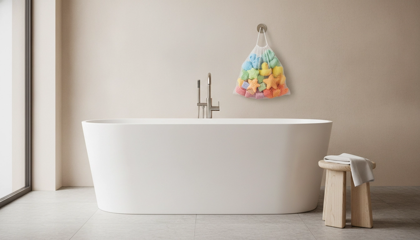 Solution pratique de rangement jouets bain enfants avec un filet suspendu