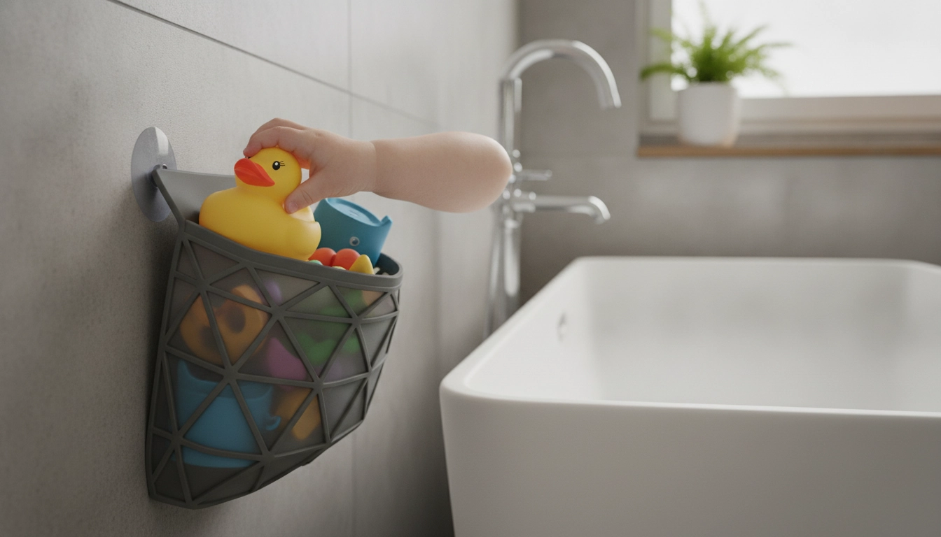 Un enfant apprenant le rangement jouets bain enfants dans une salle de bain propre