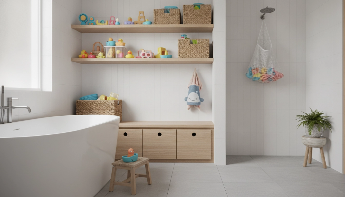 Panier de rangement jouets bain enfants suspendu dans une salle de bain moderne