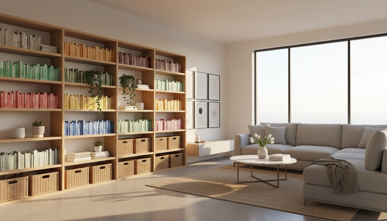 Salon moderne avec étagères organisées pour un rangement maison épuré et fonctionnel