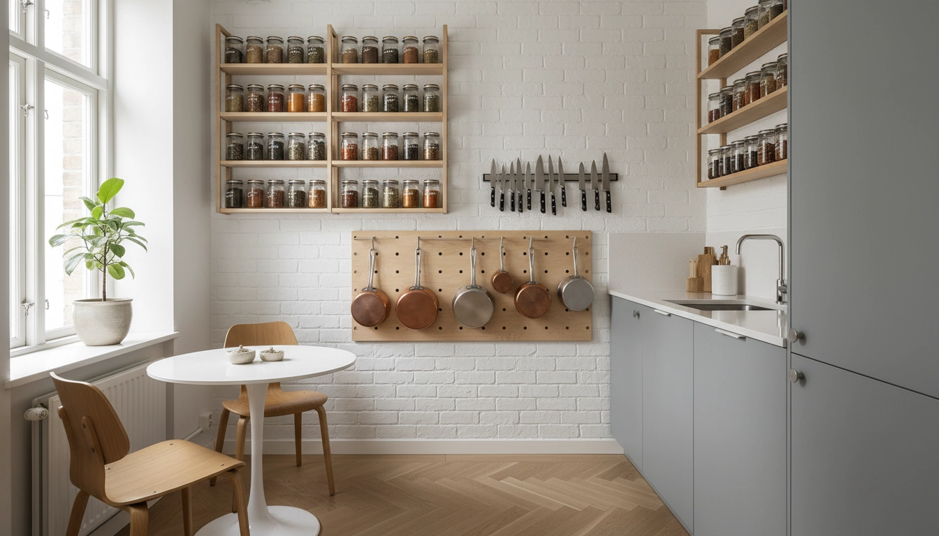 Petite cuisine bien rangée avec étagères murales et plan de travail dégagé