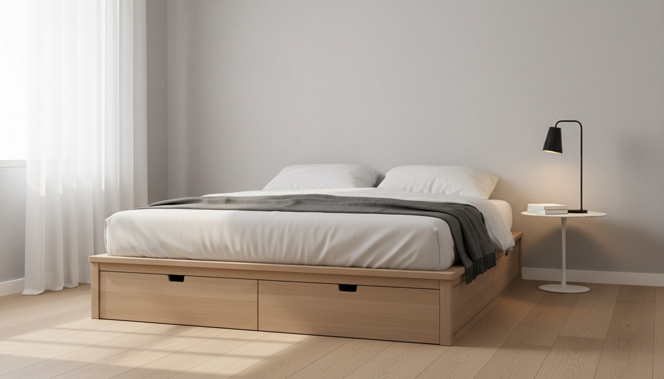 Chambre minimaliste et bien organisée avec rangement sous le lit et surfaces dégagées