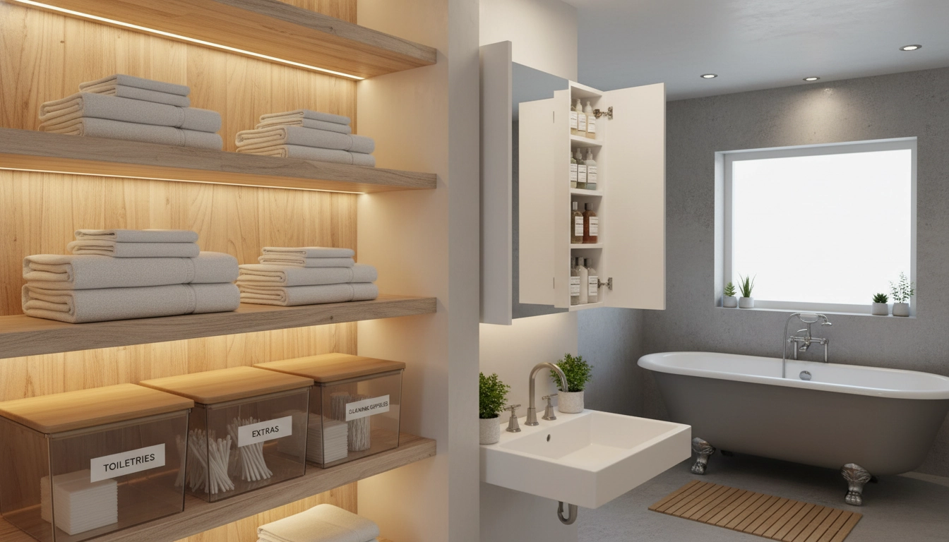 Salle de bain organisée avec paniers de rangement étiquetés et serviettes pliées sur étagères