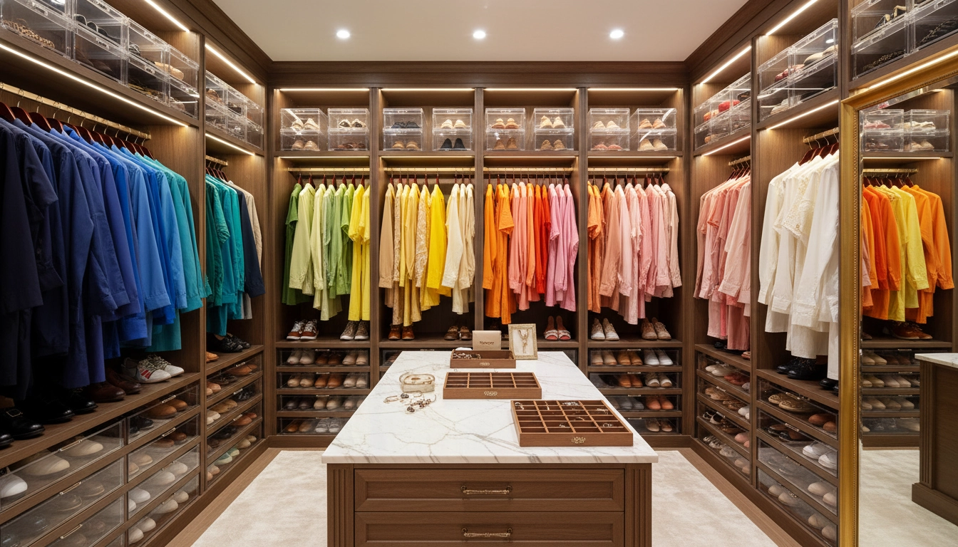 Dressing organisé avec vêtements rangés par couleur, boîtes à chaussures transparentes et cintres uniformes
