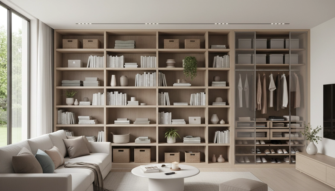 Intérieur de maison bien rangé avec des étagères organisées et un salon épuré pour un rangement maison parfait