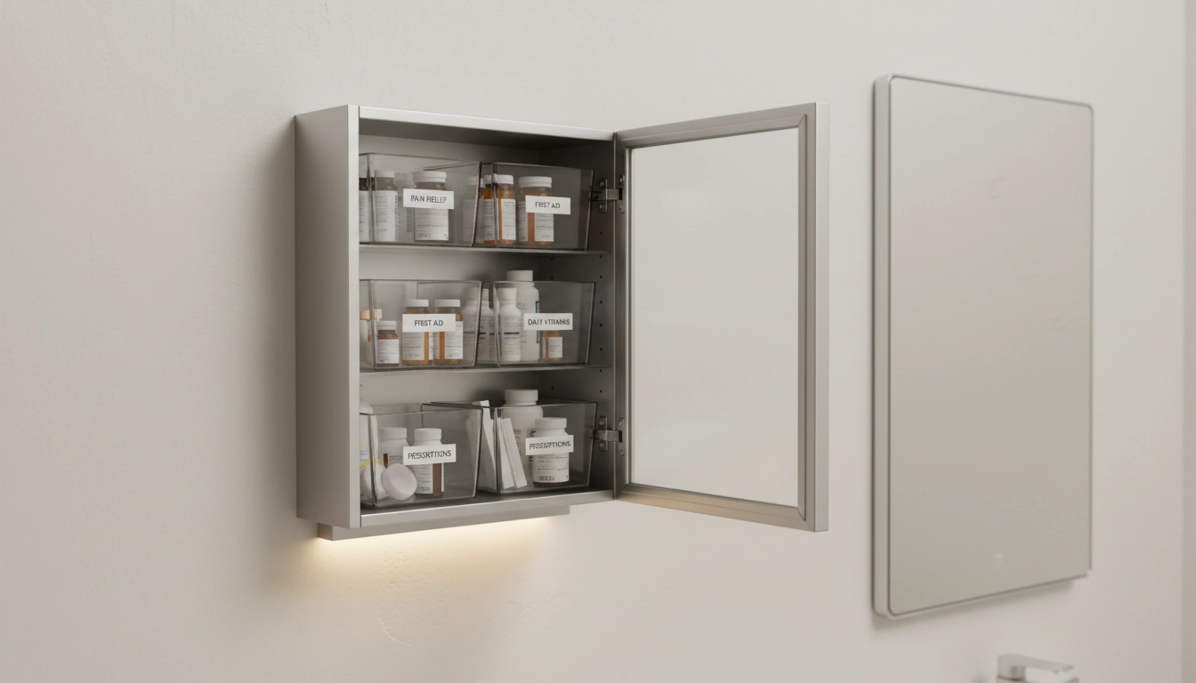 Exemple d'un rangement pharmacie salle bain sécurisé avec une armoire murale moderne et des bacs de tri transparents.