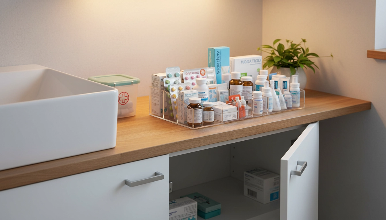 Armoire à pharmacie murale verrouillée dans une salle de bain moderne, illustrant un rangement pharmacie salle bain sécurisé parfait.