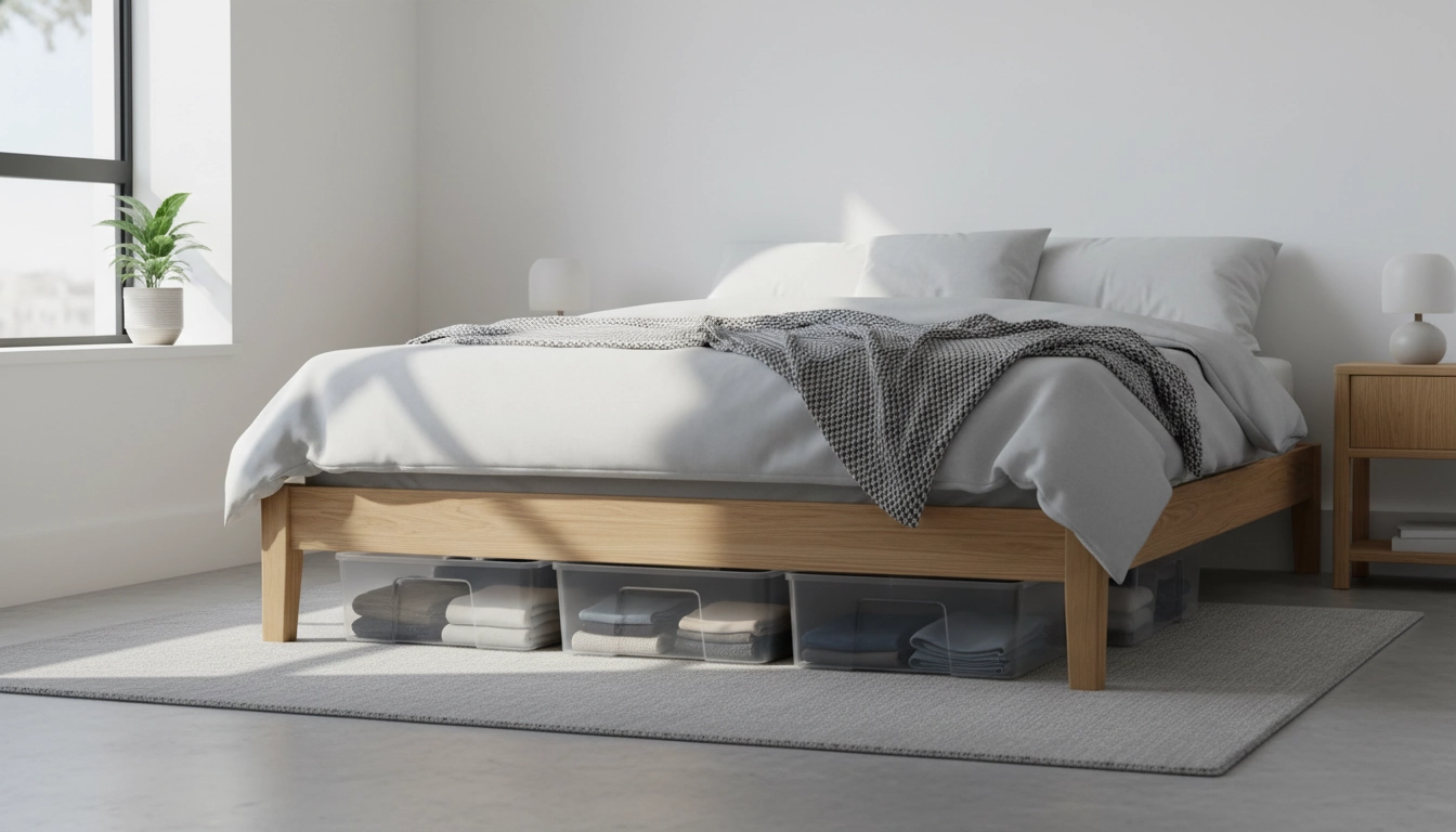 Vue détaillée de bacs transparents à roulettes, illustrant nos meilleures idées rangement sous lit gain de place pour une chambre ordonnée.