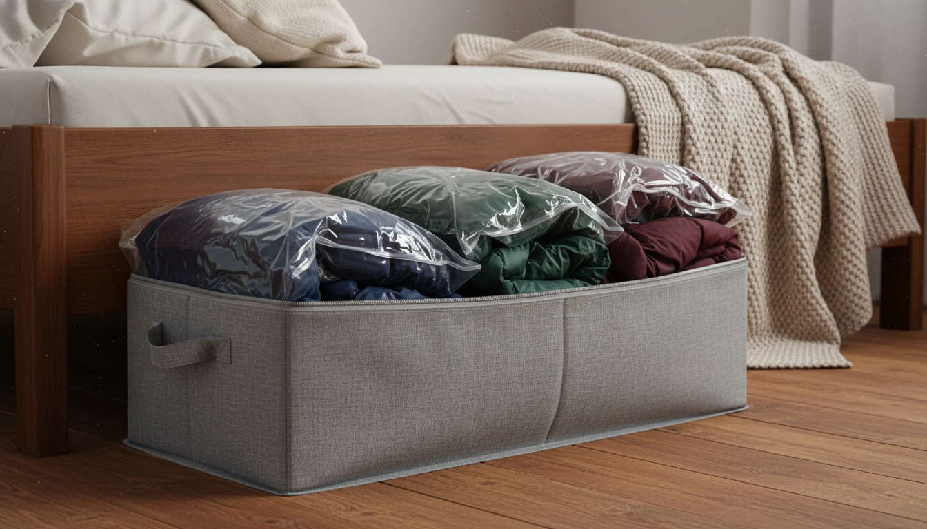 Housses de compression sous vide rangées dans un sac en tissu gris glissé sous un lit en bois massif.