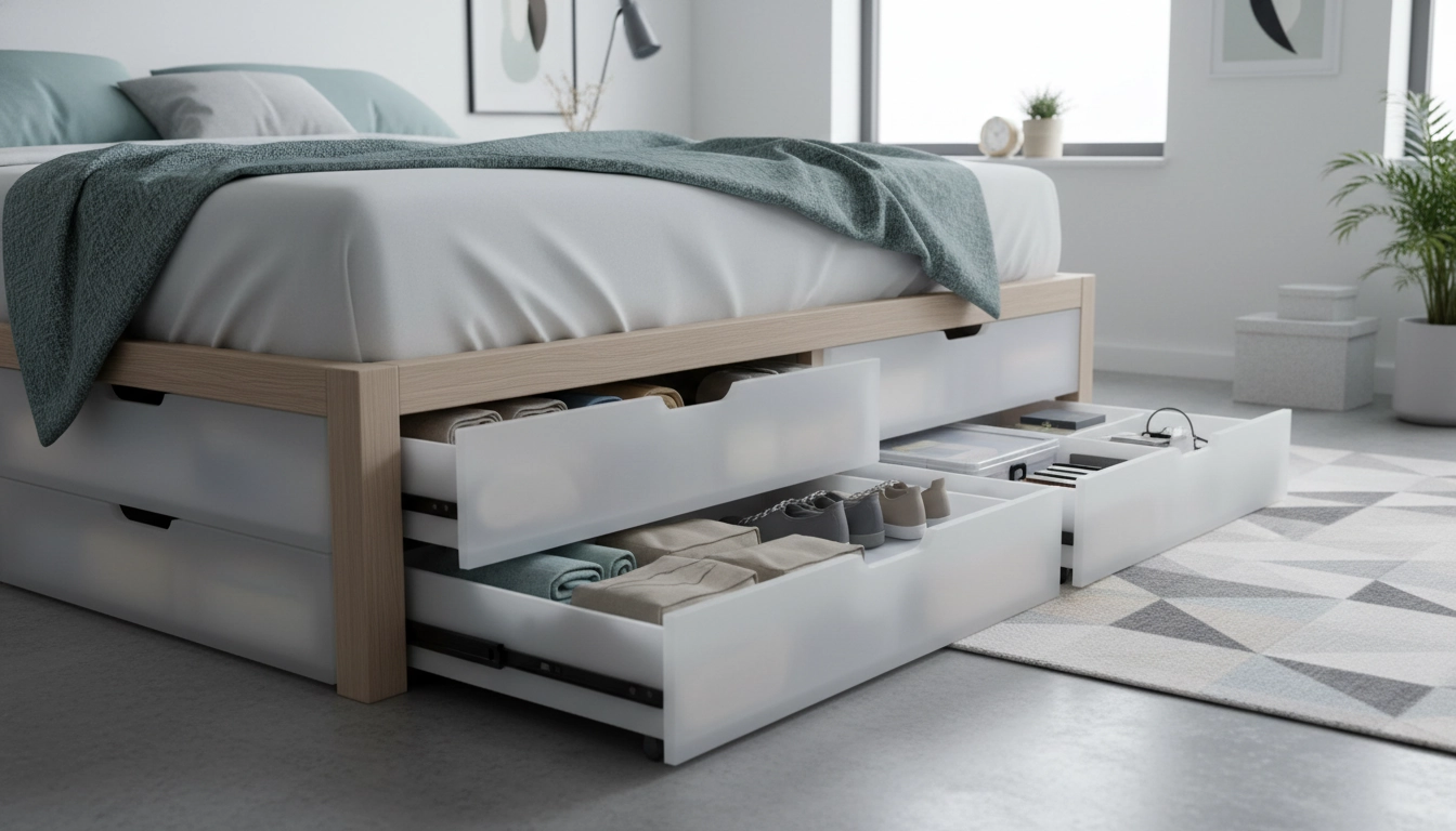 Chambre moderne et épurée illustrant des idées rangement sous lit gain de place avec des grands tiroirs en bois clair parfaitement intégrés.