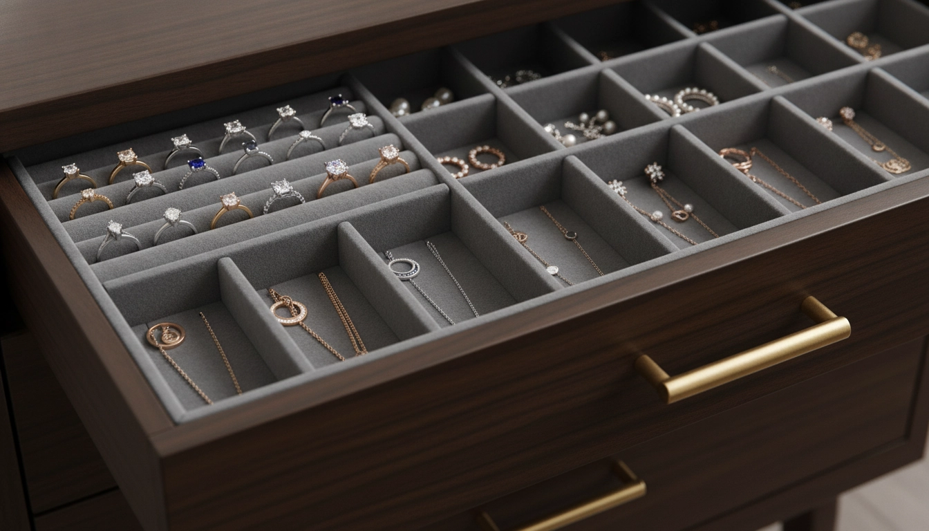 Détail d'un tiroir compartimenté pour ranger ses bijoux et accessoires de dressing.